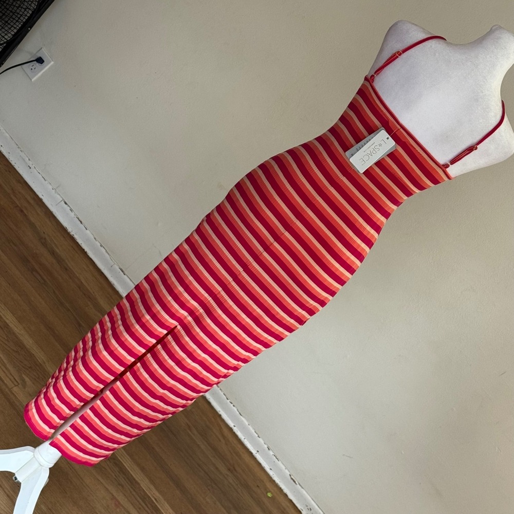 L*Space Pink Orange Striped Keyhole Midi Dress XS NWT Nordstrom Lyocell Ribbed - Picture 3 of 7